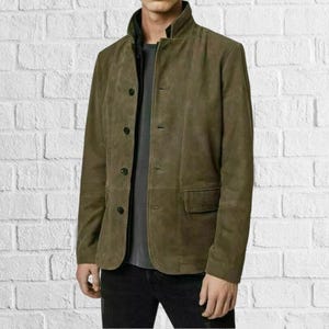 Olive Green Suede Leather Jacket: Men&#39;s Slim Fit Biker Button Coat