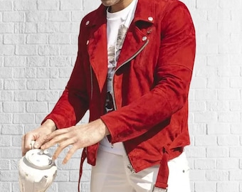 Men's Red Suede Leather Biker Jacket: Classic Zip Front Coat