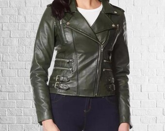 Green Lambskin Leather Biker Jacket - Women's Motorcycle Style