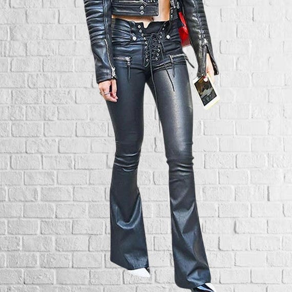 High-waisted Lambskin Leather Pants: Black Lace-up Bootcut
