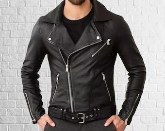 Chaqueta de motociclista de piel de cordero auténtica para hombre, chaqueta de moto negra, chaqueta de moto punk rock con cinturón y cremalleras plateadas, estilo punk rock clásico.