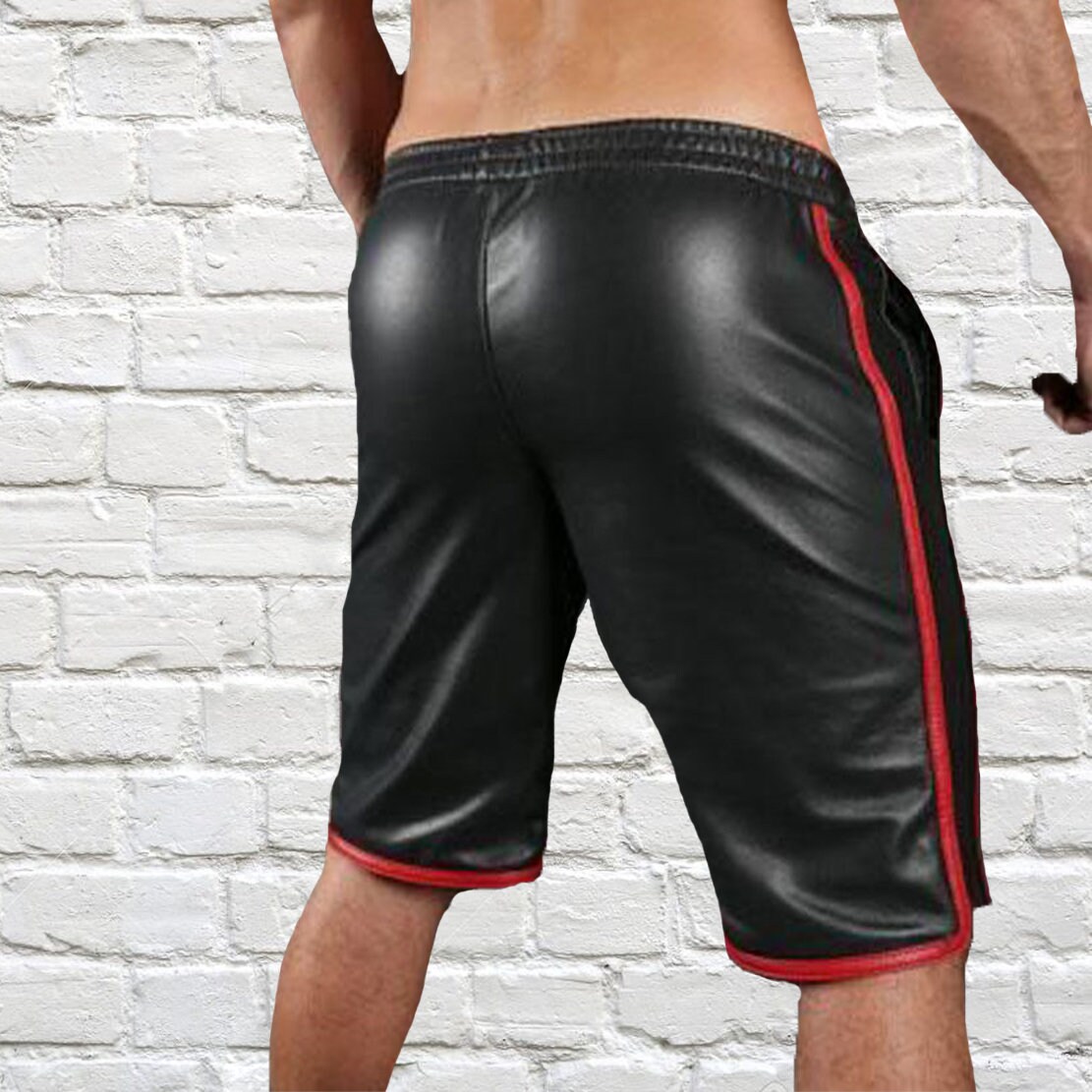 Mens Leather Shorts with Red Piping main image 0