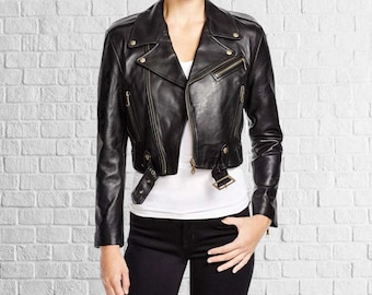 Handmade Women's Black Collared Belted Leather Biker Jacket Slim Fit Moto Style Jacket