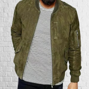 Handmade Olive Green Suede Bomber Jacket: Men&#39;s Leather Biker Coat