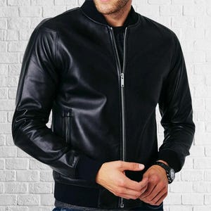 Blouson motard en cuir d'agneau noir véritable pour homme || Cadeau de fête des pères pour lui ||