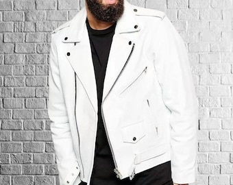 May include: A white leather jacket with a classic biker style. The jacket features a notched collar, asymmetrical zipper closure, multiple zippered pockets, and snap details. The jacket is a bright white color.