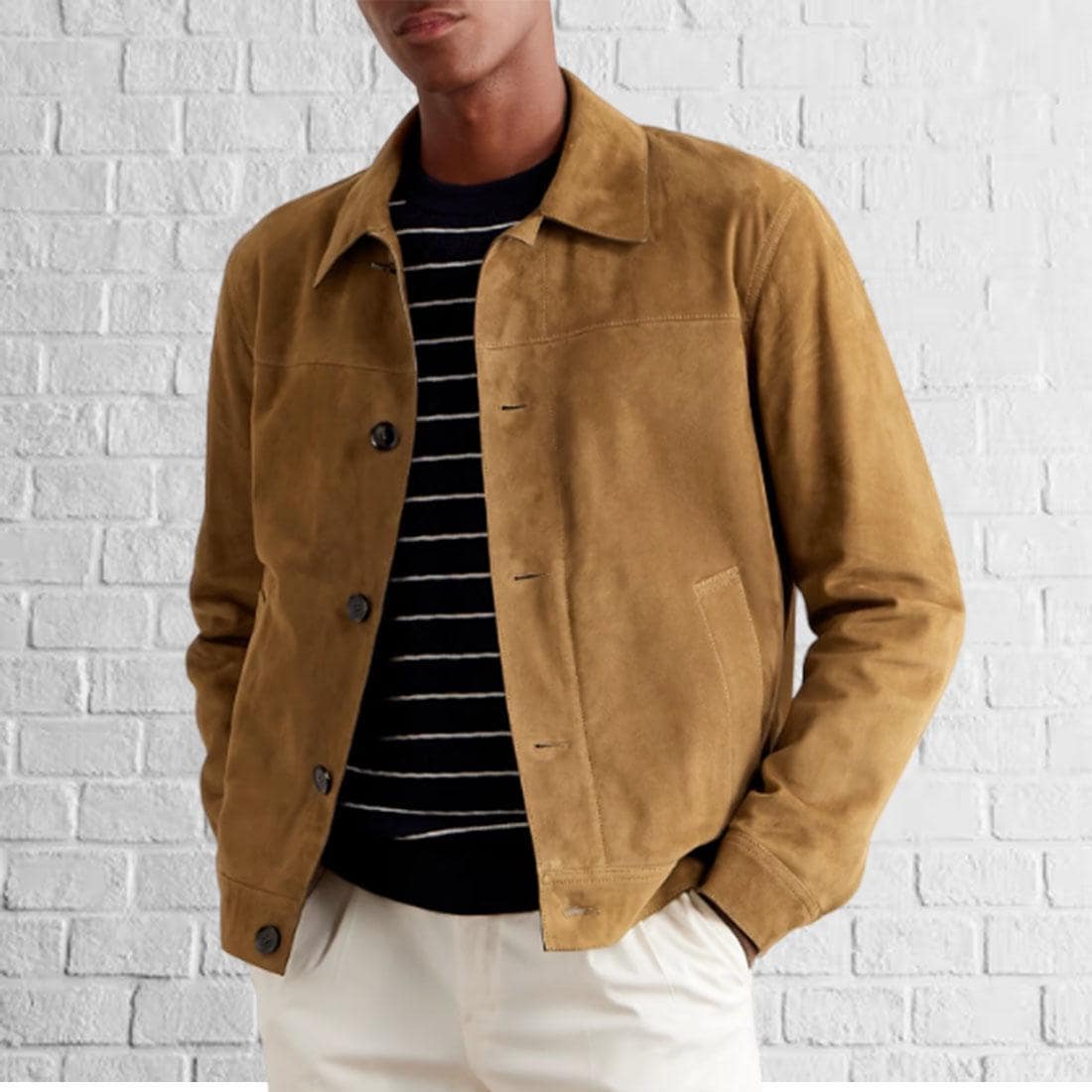 Basic Men's Sheepskin Suede Leather Jacket Biker TAN Custom Size Designer Button Coat