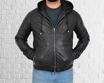 Men’s Black Lambskin Leather Hoodie – Zip Up Biker Jacket