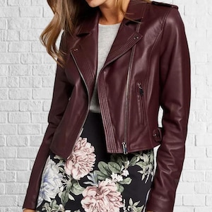 Celebrity Women&#39;s Burgundy Red Lambskin Leather Jacket Motorcycle Slim Fit Biker Collared Jacket ||| Gift For Her