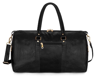 Black Croc Embossed Leather Duffel Bag, Weekender Travel Carry On, Gym Luggage