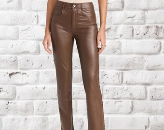 Pantalon en cuir pour femme fait main Pantalon en cuir marron pour femme en cuir d'agneau véritable