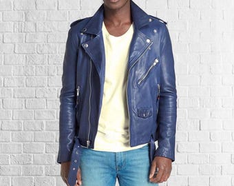 Men's Blue Lambskin Leather Biker Jacket - Slim Fit Motorcycle