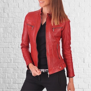 Red Lambskin Leather Biker Jacket - Slim Fit Moto Style