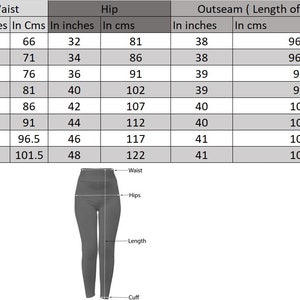 May include: Size chart for pants with measurements in inches and centimeters. The chart shows waist, hip, and outseam measurements for sizes 2xs to 3xl.