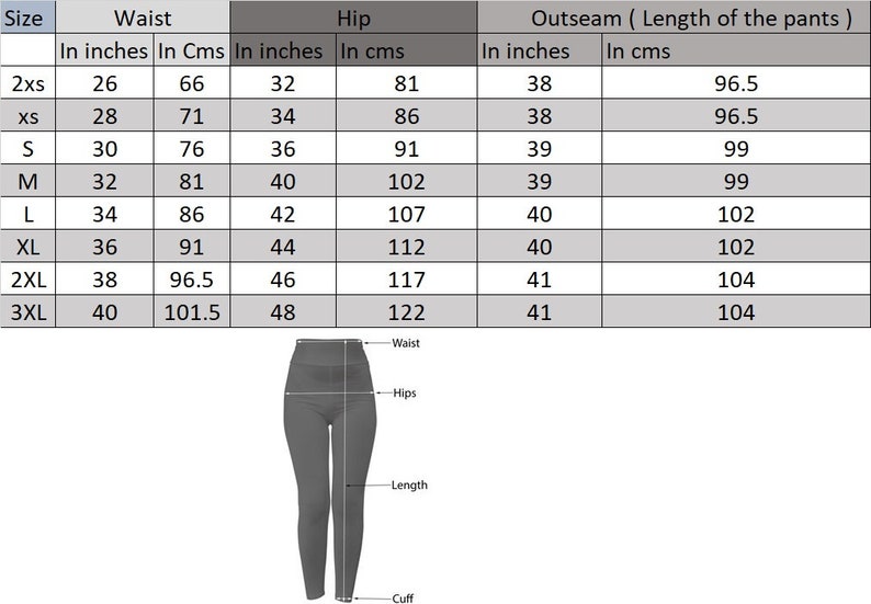 May include: Size chart for pants with measurements in inches and centimeters. The chart shows waist, hip, and outseam measurements for sizes 2xs to 3xl.