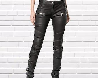 Women slim fit lace up Vintage genuine leather trousers black leather pants