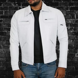Blouson motard homme en cuir d&#39;agneau véritable blanc coupe slim ||| Cadeau pour bonjour
