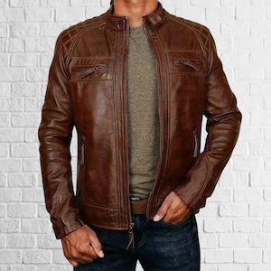 Nouveau blouson en cuir marron pour homme, coupe slim, motard, moto en cuir d'agneau véritable || Veste en cuir pour homme ||