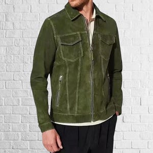 Olive Green Suede Leather Biker Jacket - Men&#39;s Fashion Coat