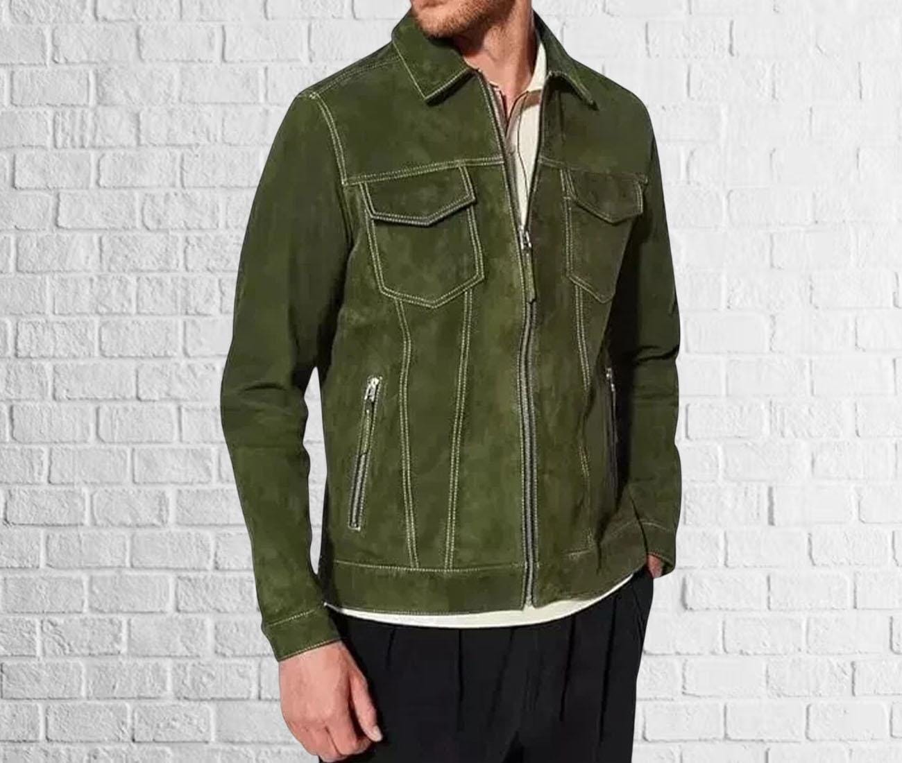 オリーブグリーン スエード レザー ジャケット　AKM オリーブグリーン スエード レザー ジャケット AKM