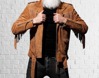 Fringe men leather Jacket ||| Men Traditional Handmade Western Cowboy Leather Jacket coat with fringe Jacket || Tan Fringe jacket