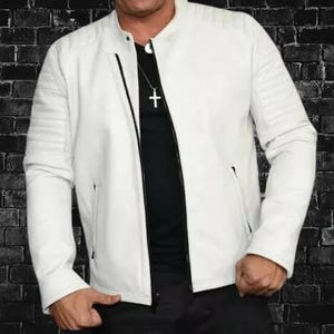 Blouson motard homme blanc en cuir d&#39;agneau - Coupe slim