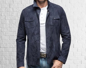 Giacca da uomo in vera pelle scamosciata - Giacca da motociclista blu navy