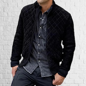 Veste motard en cuir matelassé en daim noir en peau de mouton pour hommes ||| Cadeau pour lui