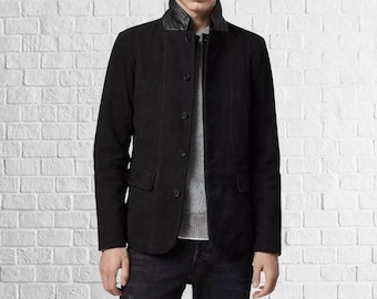 Blazer de piel de ante negra hecho a mano para hombre: Chaqueta de piel de oveja Blazer de una sola capa