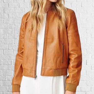 Blouson aviateur moto en cuir d'agneau marron clair mangue véritable pour femme ||| Cadeau pour elle
