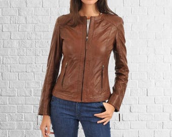 Brown Lambskin Leather Bomber Jacket - Women's Winter Coat