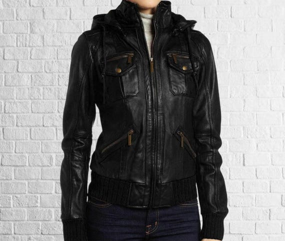 Black Sheep Leather Hoodie Jacket: Handmade Women's Moto Jacket Partywear Outwear