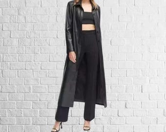 Black Lambskin Leather Trench Coat - Women&#39;s Long Button Overcoat