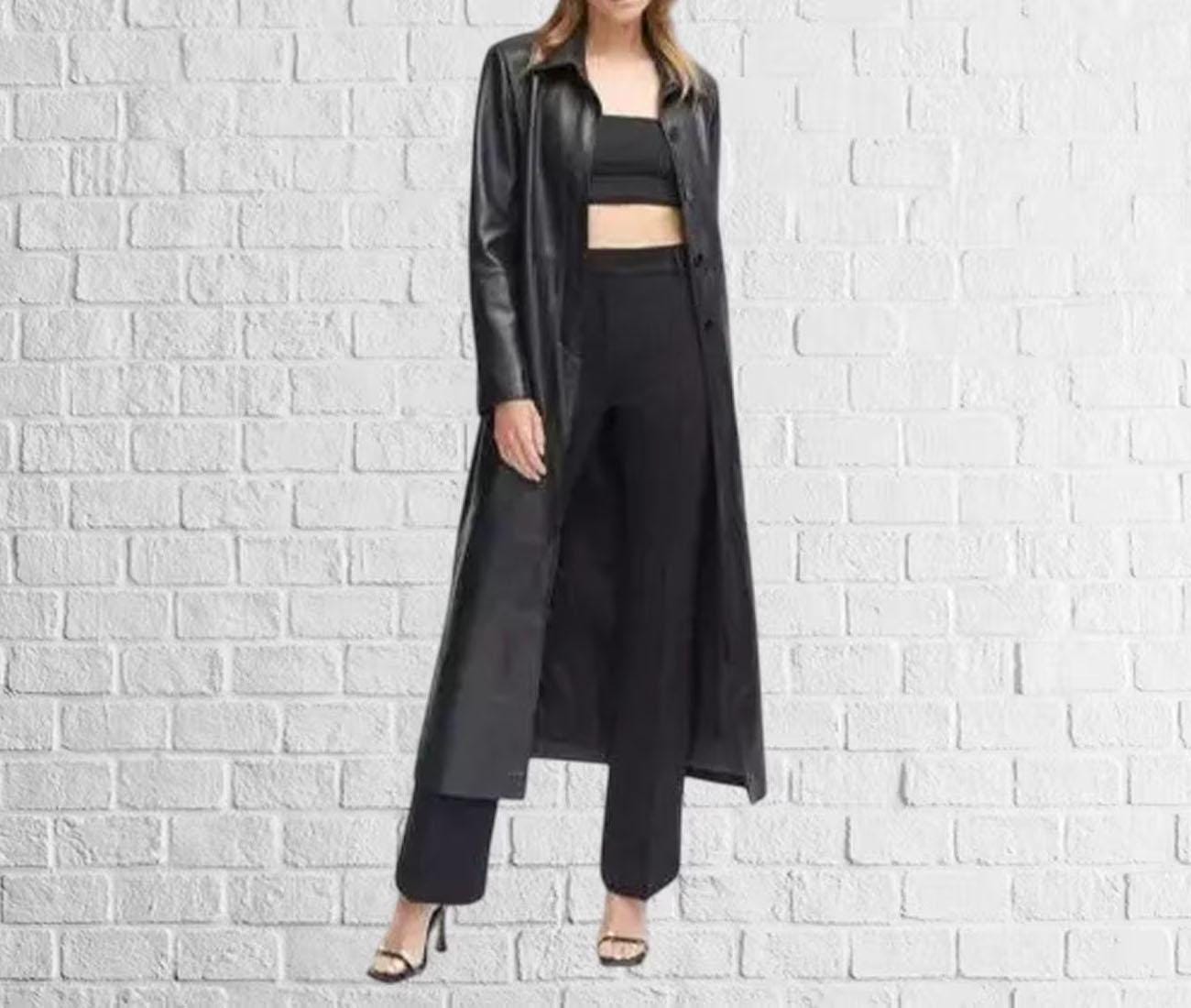 Black Lambskin Leather Trench Coat - Women's Long Button Overcoat