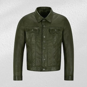 Blouson moto homme vert en cuir d&#39;agneau - Coupe slim