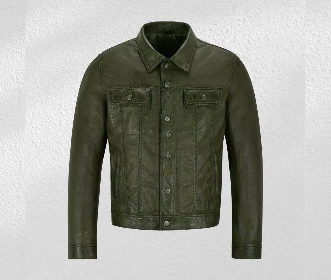 Men's Green Lambskin Leather Motorcycle Jacket - Slim Fit