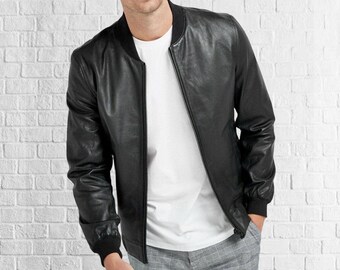Men’s Black Bomber Leather Zipper Jacket | Classic Real Leather Winter Outerwear