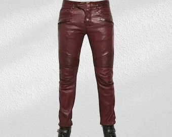 Classic Fitted Motorcycle or Casual Men's Leather Trousers Pants Red color
