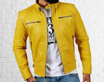 Handgefertigte gelbe Leder-Motorradjacke für Herren | Gesteppte Biker-Cafe-Racer-Oberbekleidung & Statement-Vintage-Reißverschlussjacke