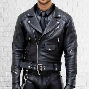 Blouson motard homme en cuir d&#39;agneau coupe slim - Manteau moto à ceinture