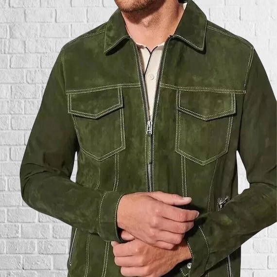 オリーブグリーンのスエードレザーバイカージャケット - メンズ