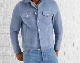 Chaqueta de camionero de ante azul para hombre: prenda clásica del oeste