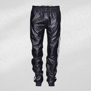 Men&#39;s Lambskin Leather Joggers: Black Pants with White Stripe