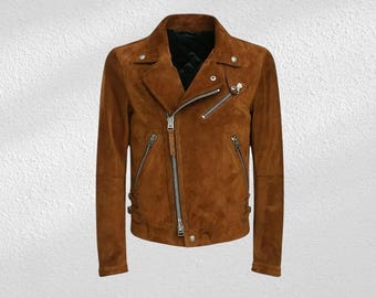 Men's Tan Suede Sheepskin Biker Jacket: Classic Leather Coat