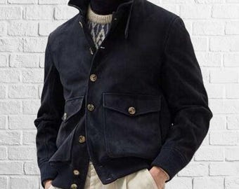 Men's Dark Blue Suede Leather Biker Jacket