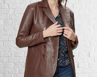 Vintage Brown Lambskin Leather Blazer - Women's Biker Jacket