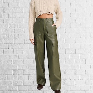 Green Leather Cargo Pants: Handmade Lambskin Trousers