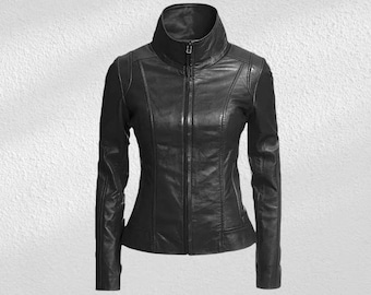 Black Lambskin Leather Biker Jacket: Women's Slim Fit Motorcycle Coat