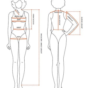 Puede incluir: Un dibujo lineal de una figura femenina con etiquetas de medici&oacute;n. Las etiquetas incluyen cuello, busto superior, busto, cintura, caderas, corpi&ntilde;o delantero, hombro, sisa, corpi&ntilde;o trasero, longitud del hombro al tobillo y longitud de la manga.