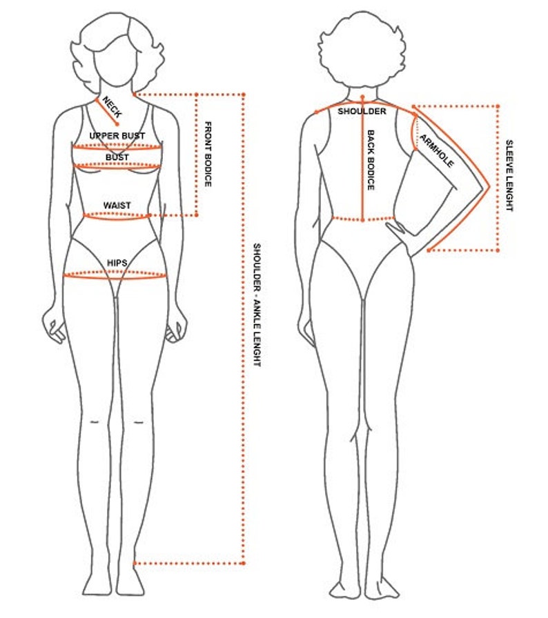 Puede incluir: Un dibujo lineal de una figura femenina con etiquetas de medici&oacute;n. Las etiquetas incluyen cuello, busto superior, busto, cintura, caderas, corpi&ntilde;o delantero, hombro, sisa, corpi&ntilde;o trasero, longitud del hombro al tobillo y longitud de la manga.